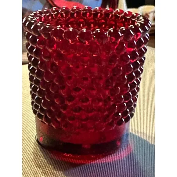 Set of 4 RUBY RED Amberina HOBNAIL VOTIVE CANDLE HOLDERS (GLOW) more available - Picture 1 of 7